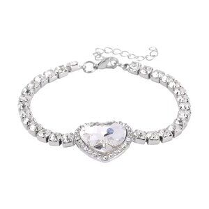 White Glass and Austrian Crystal Heart Bracelet and Earrings in Silvertone 7.5"